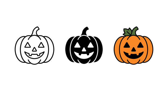 Set of three halloween jack o lantern pumpkin icons in outline silhouette and colored cartoon style
