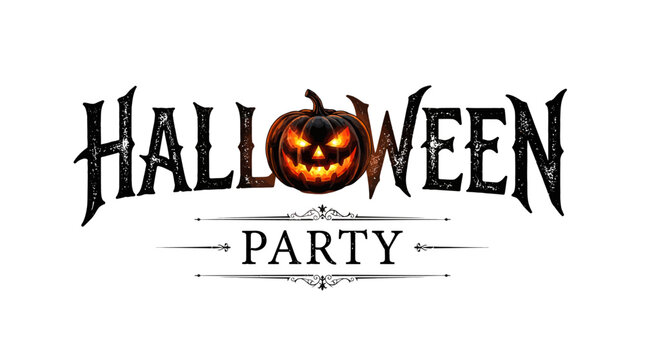 Decorative halloween party text design featuring a spooky carved pumpkin replacing the letter o on white background
