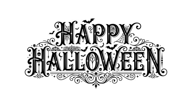 Vintage decorative happy halloween text design with ornate flourishes isolated on a clean white background for seasonal projects