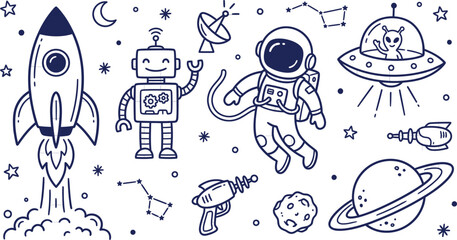 Space adventure doodle set with astronaut and rocket ship, cute hand drawn galaxy elements vector, cosmic science icons for kids education © Raheela