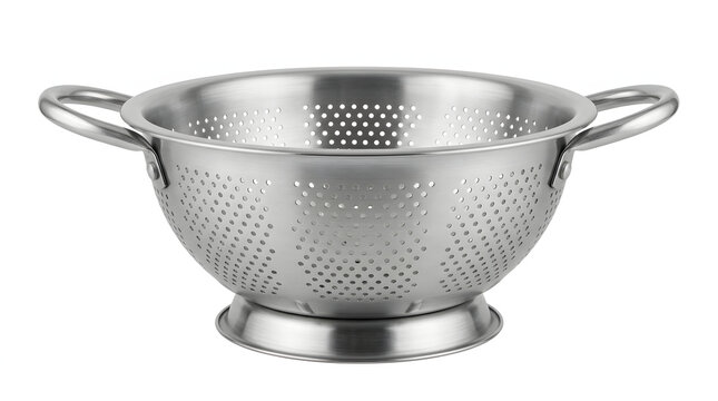 Empty stainless steel colander with two handles isolated on a white background for kitchen use