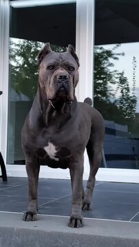 Cane corso dog standing watchfully on a patio during golden hour in this high quality cinematic motion animal video clip