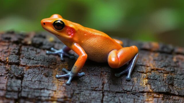 Small Orange Frog Perched on Textured Wood with Soft Green Bokeh Background