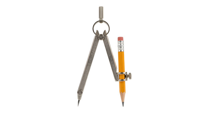 Metal drafting compass with a yellow pencil isolated on a white background for technical drawing