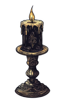 A detailed illustration of a lit, melting candle with ornate wax patterns on a decorative, vintage-style candlestick holder.