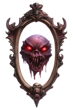 A sinister, glowing-eyed demonic skull with jagged teeth drips below, framed by an ornate, gothic mirror frame.