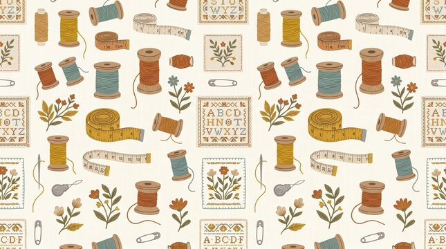 Vintage Sewing Pattern with Spools and Threads