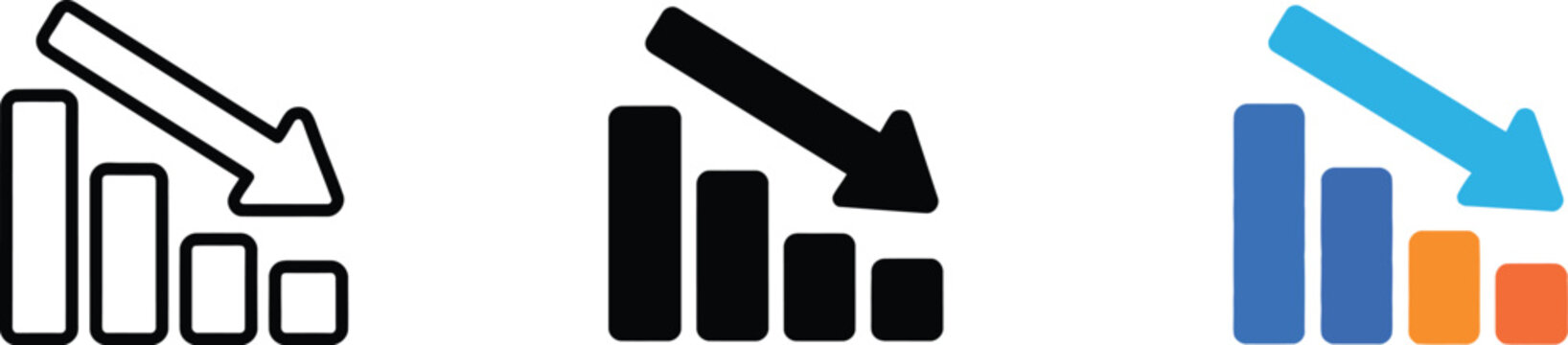 Bar chart, with downward arrow icon, decline symbol for negative trends business analytics financial loss market performance revenue decrease investment risk