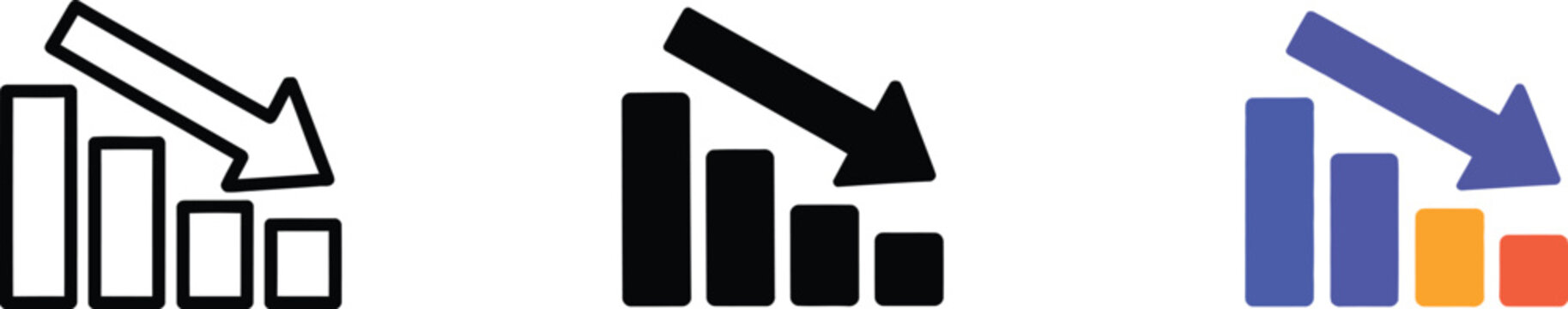 Bar chart, with downward arrow icon, negative trend symbol for business analytics financial loss revenue decline market performance investment risk analysis