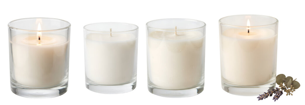 Multiple white scented wax candles inside glass jars with burning flames and unlit wicks arranged side by side on transparent background