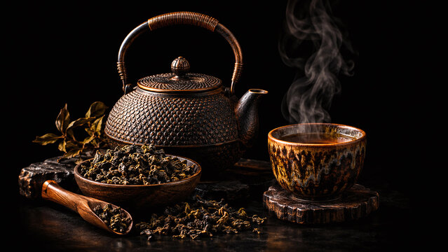 Dark tea ceremony composition dark moody overhead composition traditional cuisine food photography