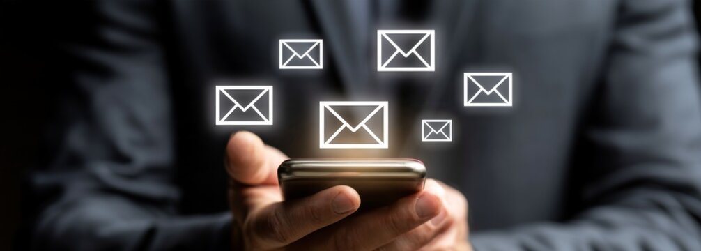 Businessman using smartphone to receive emails with notifications  