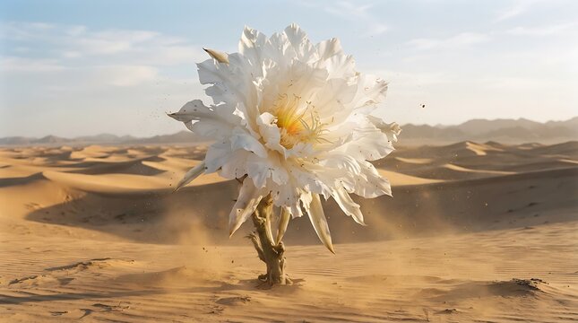 A surreal giant white flower blooming in the middle of a vast arid desert landscape.