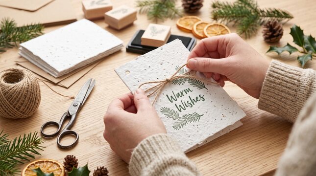 Hands tie twine on a handmade "Warm Wishes" card surrounded by craft supplies and natural decorations on a wooden table.
