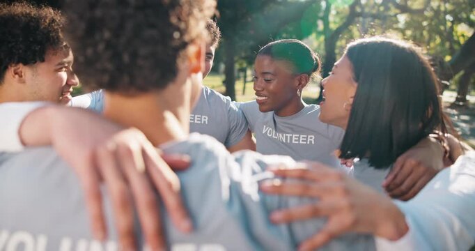 Volunteer, huddle and unity with group, outdoor and solidarity for community service and nonprofit. Park, collaboration and happy people with social responsibility, laughing and synergy for charity