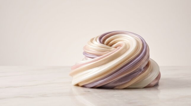 Swirled purple and white slime on a marble surface with copy space