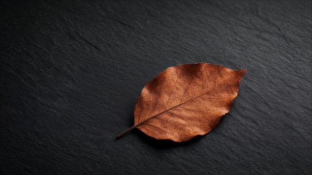 Minimal top view of dry brown leaf on dark background with autumn foliage, organic leaf texture, quiet seasonal warmth, earthy contrast, and clean nature composition for minimal design