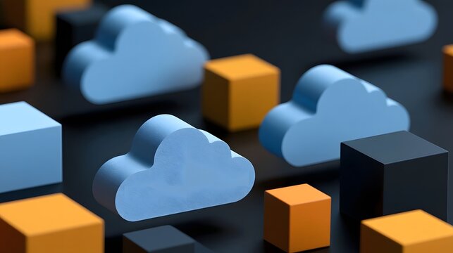 Abstract 3D representation of cloud computing infrastructure with blue cloud icons and orange and black cubes arranged on a dark surface