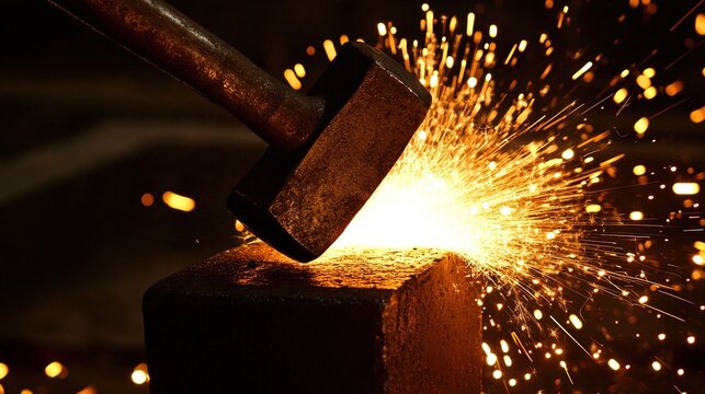 anvil. A glowing hot anvil struck by a hammer, sparks flying in a dark workshop. safety posters, maintenance manuals, designed for precision metalworking and fabrication facilities.