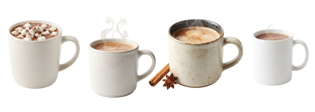 Delicious hot chocolate drinks in various ceramic mugs with marshmallows and aromatic spices like cinnamon sticks and star anise displayed on transparent background
