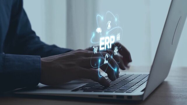 ERP platform visual showing centralized system for enterprise resource planning, improving integration, data flow, business efficiency, finance, inventory, and human resources. Elide