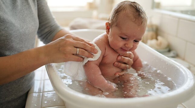 A caring parent gently bathes their happy baby in a small white tub, ensuring cleanliness and comfort during bath time at home.