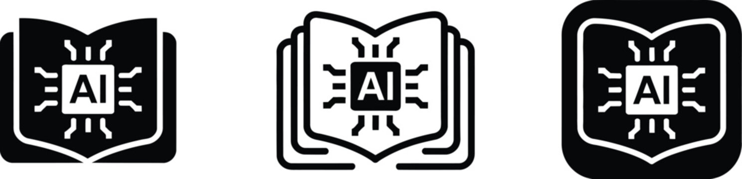 AI Learning Book Icons, open book and central microchip symbols representing artificial intelligence, education, knowledge, learning, and digital technology