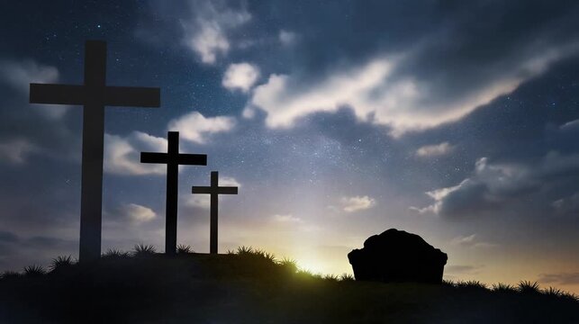 Three crosses on a hill during a dramatic sunset with a cloudy sky cinematic motion background