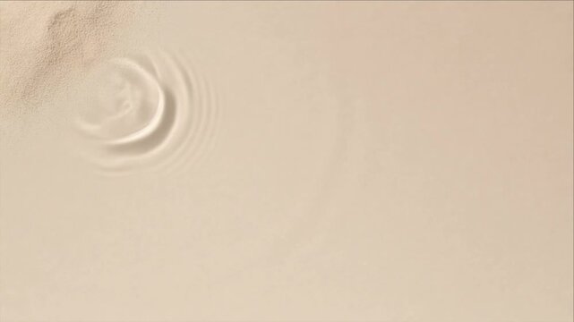 Minimal top view water droplet creating gentle circular ripple across warm beige textured surface, calm neutral background with soft shadows, copy space, natural material presentation, abstract