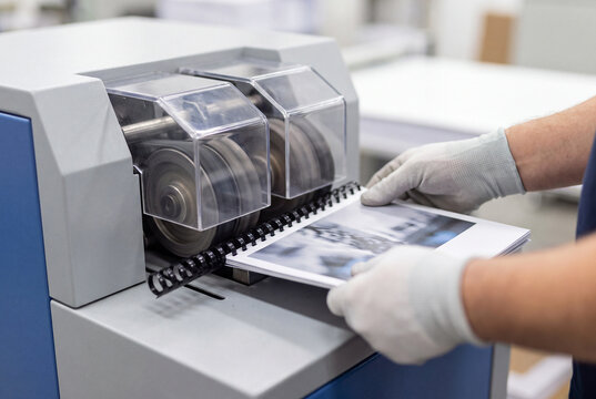 Gloved Hands Guiding Spiral Booklet Into Binding Machine