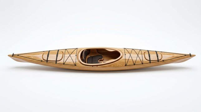 Elegant Handcrafted Wooden Kayak Isolated on White Background Expertly Built Small Boat for River Exploration and Serene Lake Paddling Adventure Gear