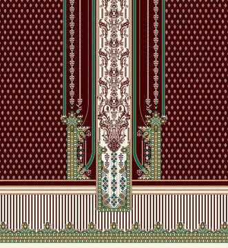 High-resolution digital textile print design featuring a blend of traditional ethnic floral motifs, intricate necklines, paisley borders, and modern geometric patterns.