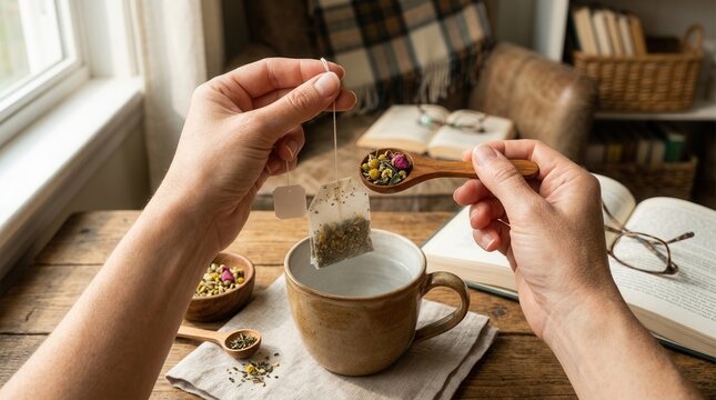 Cozy moment: Person steeping herbal tea bag into mug with dried flowers and tea leaves, reading a book nearby.