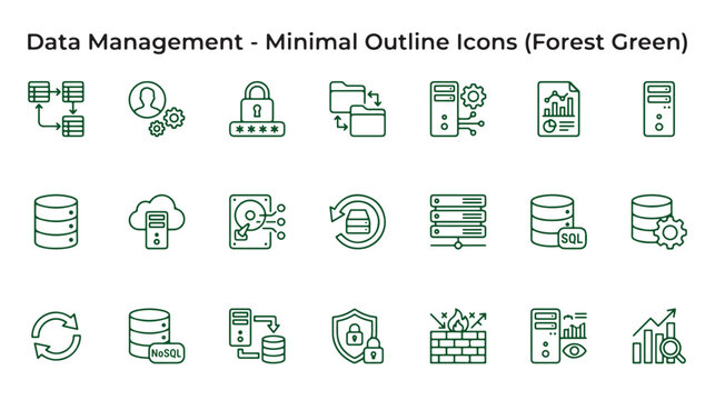 Data Management Minimal Outline Icons in Forest Green featuring server and database symbols for vector graphic