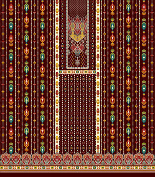 High-resolution digital textile print design featuring a blend of traditional ethnic floral motifs, intricate necklines, paisley borders, and modern geometric patterns.