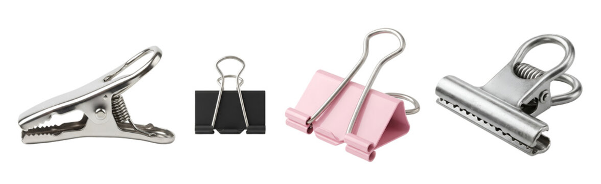 Assorted metal and pink paper clips binder clips and metal clips displayed together in a clean studio lighting setup on transparent background
