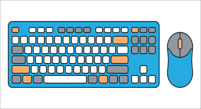 A blue keyboard and computer mouse are depicted in a flat vector illustration on a white background peripheral input device technology digital graphic design workspace