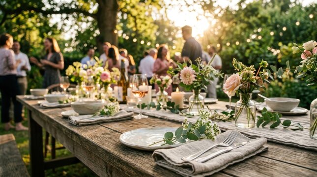 Elegant Outdoor Garden Dinner Party Table Setting at Sunset with Floral Centerpieces and Blurred Guests Celebrating Together in a Lush Backyard