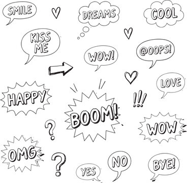 Hand Drawn Comic Speech Bubbles and Expressions Icons Vector Set.   Vintage Cartoon Words, Exclamations and Doodles Collection. 