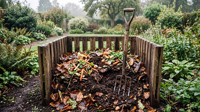 Open compost heap in a slatted timber bay with a garden fork