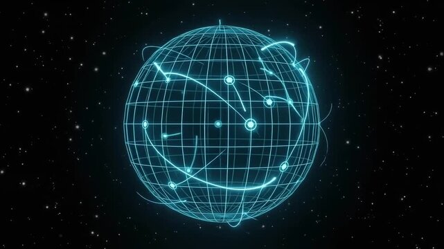 Rotating digital globe with glowing data connection arcs, global network technology worldwide communication