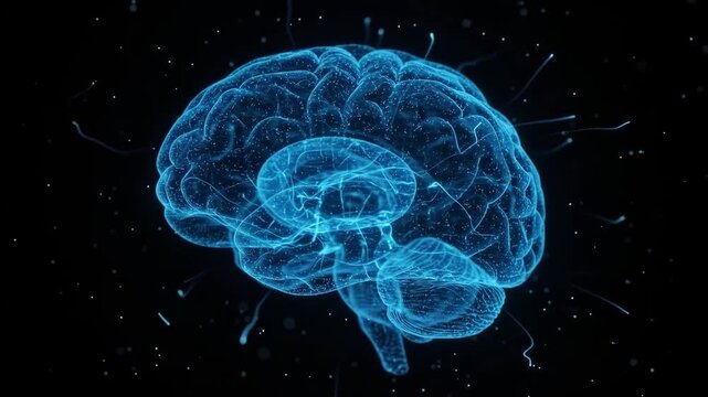Glowing digital brain with firing neural network light on dark background, artificial intelligence concept
