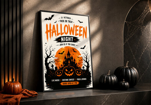 Halloween Poster Frame Mockup with Black Pumpkins in Dark Interior