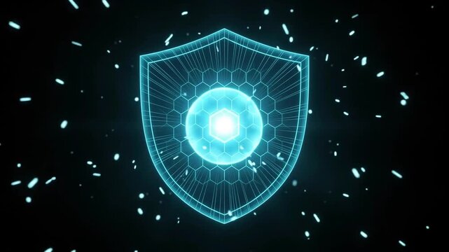 Glowing digital shield protecting data core on dark background, cybersecurity technology protection concept