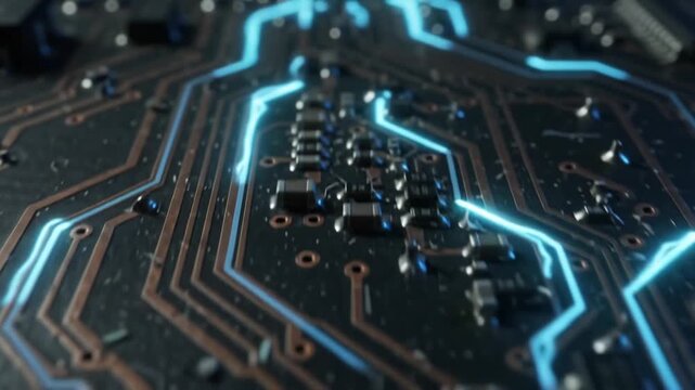Macro circuit board with glowing blue energy pulse traveling through electronic traces, technology closeup