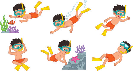 Obraz premium Cute Cartoon Boy Snorkeling and Scuba Diving Vector Character Set Featuring Little Kid Swimming Under Water with Fish Coral Reef Starfish and Sea Shells