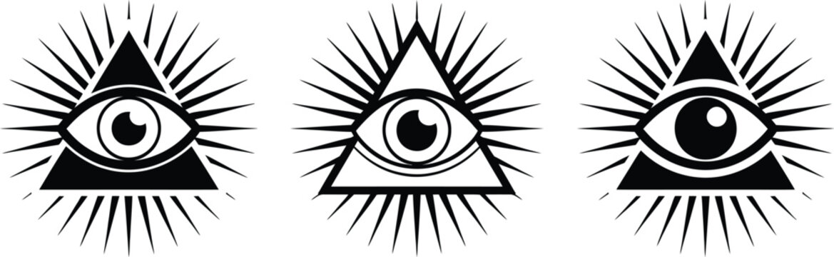 All Seeing Eye Illuminati Symbol, mystical triangle with radiant light rays for occult, spiritual, secret society, and symbolic designs