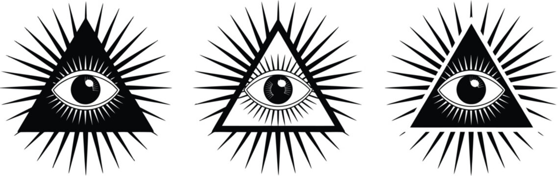 All Seeing Eye Illuminati Symbol, mystical triangle with radiant light rays for occult, spiritual, secret society, and symbolic designs