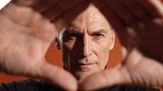 Mature man creates a framing gesture with his hands around his face while looking directly forward in a studio setting.