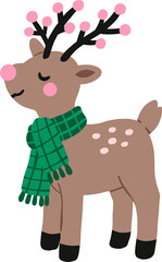 Cute hand drawn doodle illustration of Christmas reindeer wearing green scarf with pink nose and berries on antlers © biby fantie